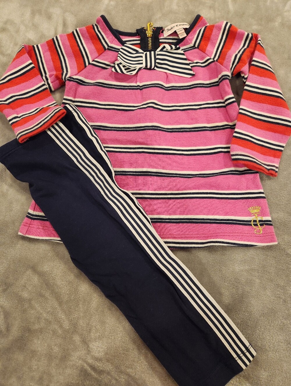 Juicy Couture Pink, Red & Navy Striped Girls Pajama Set with Bow, Size 12-18M